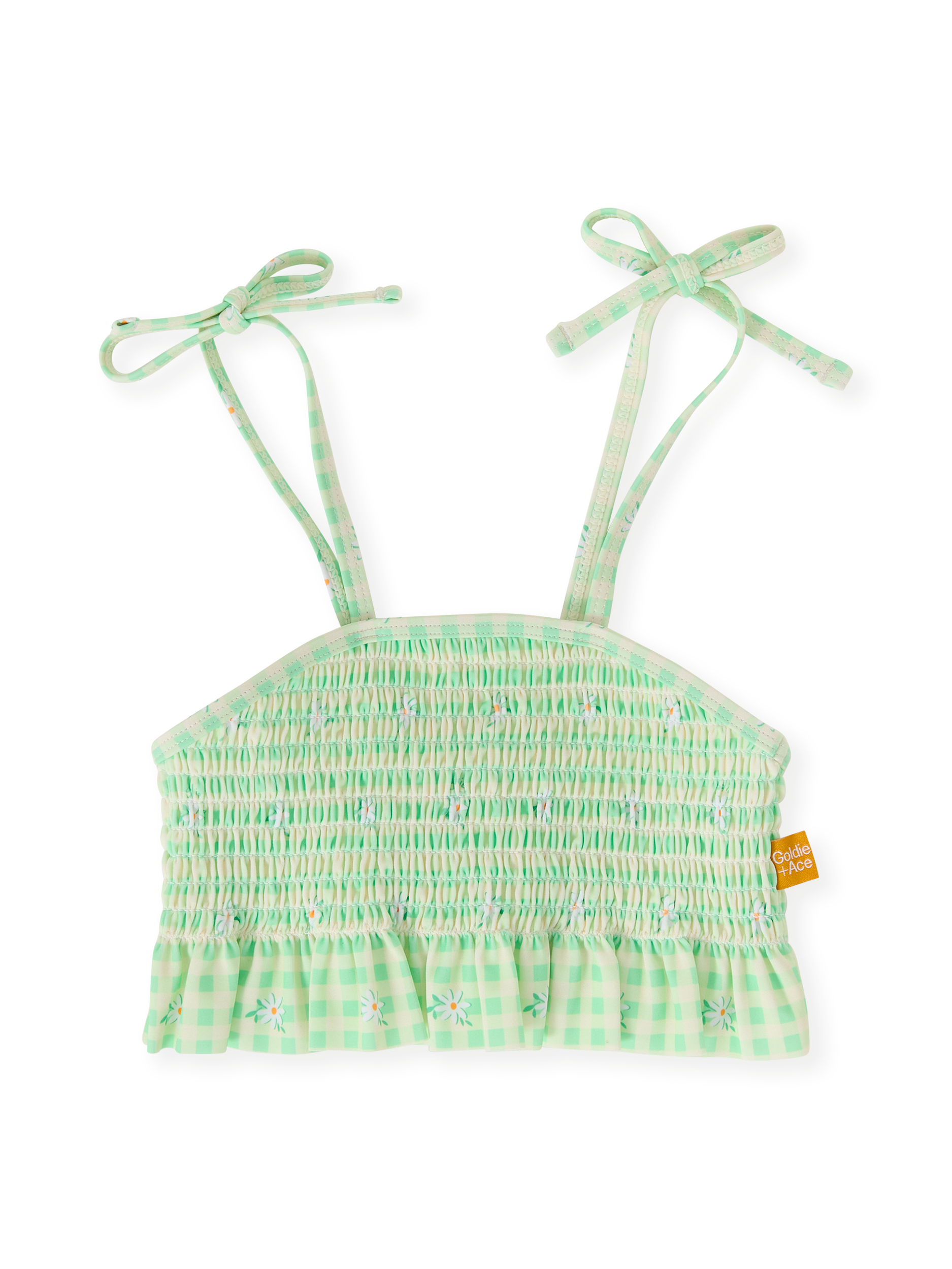 The Goldie + Ace Gingham Daisy Shirred Bikini Top in Green pictured on a transparent background. The material is . It is a swimwear made for babies, toddlers and kids.