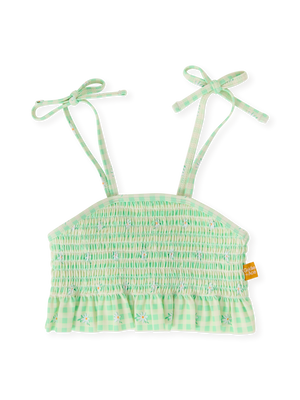Gingham Daisy Shirred Bikini Top