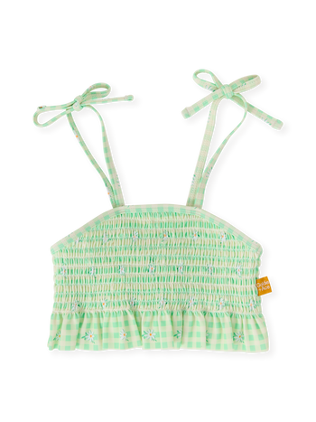 The Goldie + Ace Gingham Daisy Shirred Bikini Top in Green pictured on a transparent background. The material is . It is a swimwear made for babies, toddlers and kids.