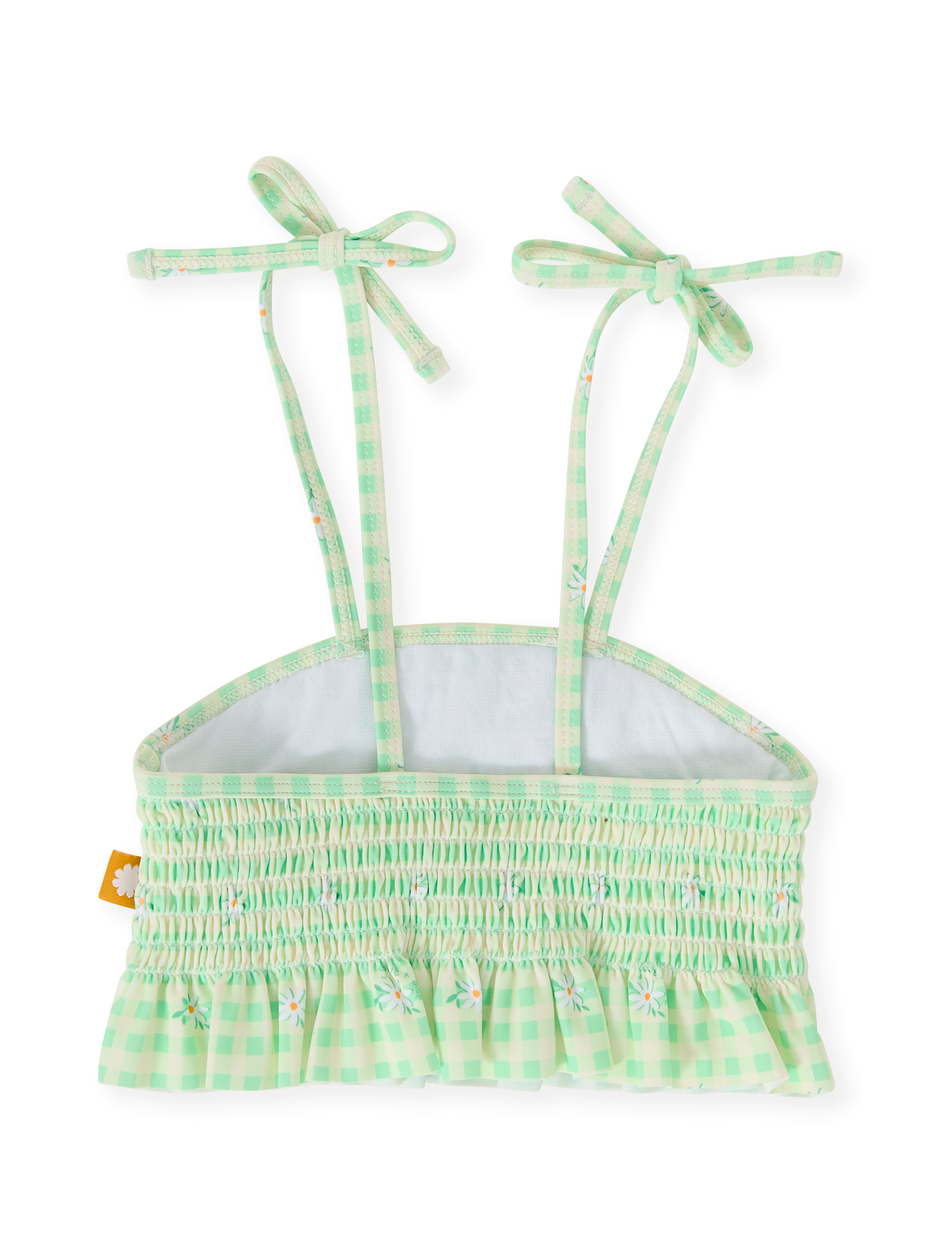 The Goldie + Ace Gingham Daisy Shirred Bikini Top in Green pictured on a transparent background. The material is . It is a swimwear made for babies, toddlers and kids.
