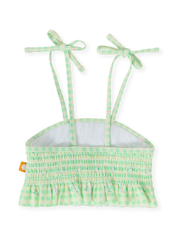 The Goldie + Ace Gingham Daisy Shirred Bikini Top in Green pictured on a transparent background. The material is . It is a swimwear made for babies, toddlers and kids.
