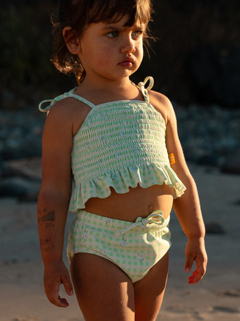 Gingham Daisy Shirred Bikini Top