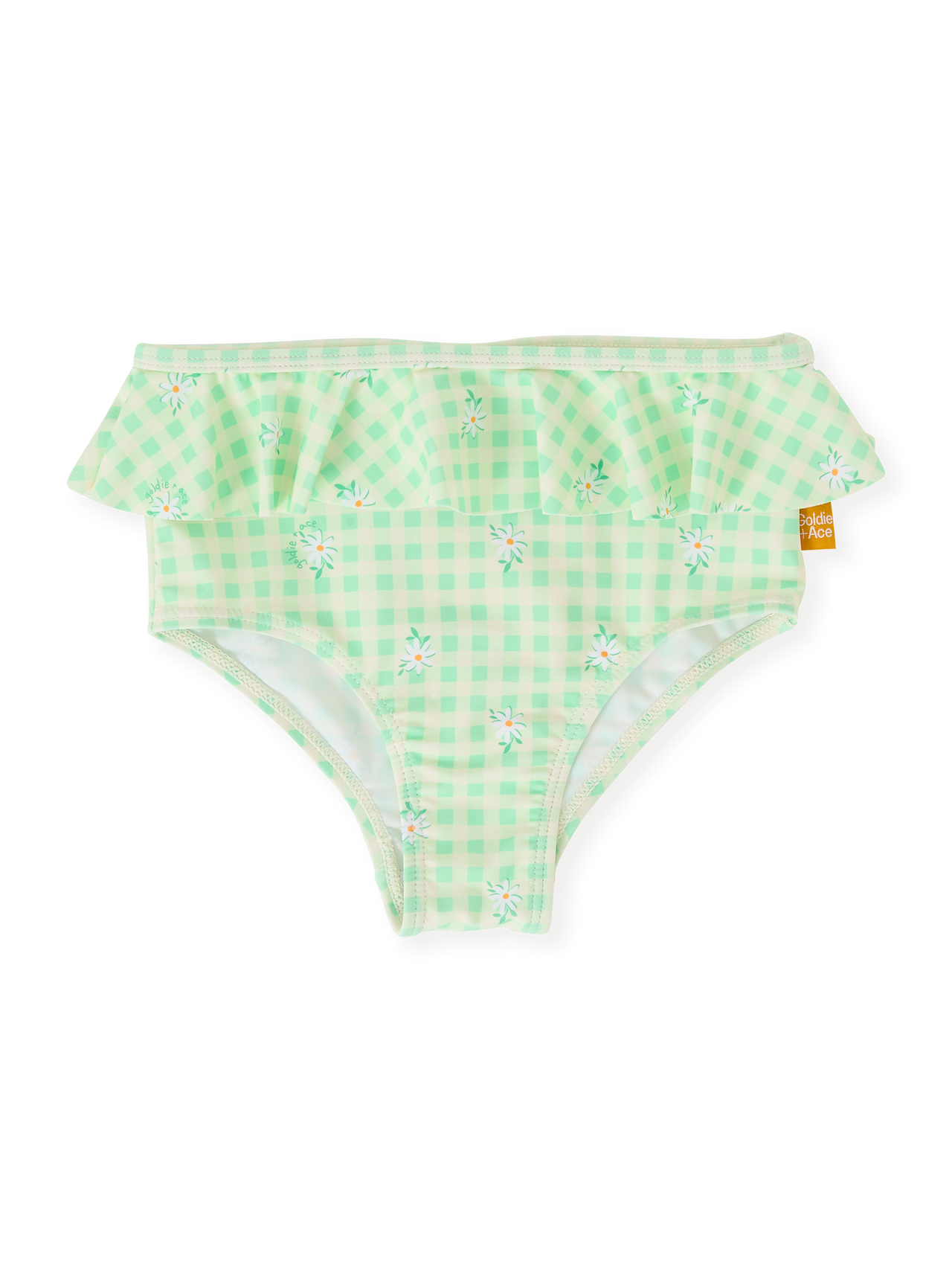 The Goldie + Ace Gingham Daisy Bikini Bottom in Green pictured on a transparent background. The material is . It is a swimwear made for babies, toddlers and kids.