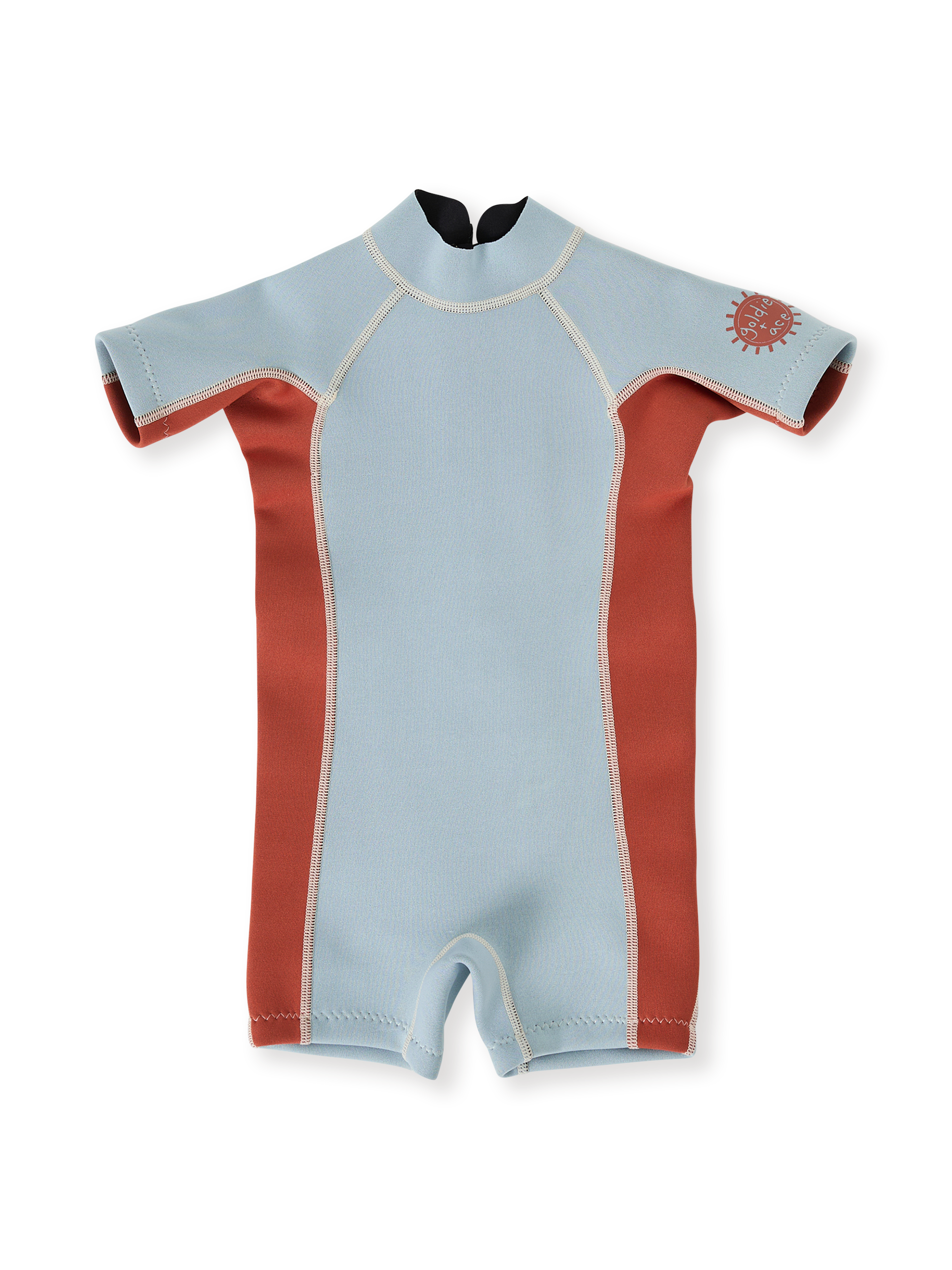 The Goldie + Ace Halo Wetsuit Short Sleeve in Sky Blue/Red pictured on a transparent background. The material is . It is a swimwear made for babies, toddlers and kids.