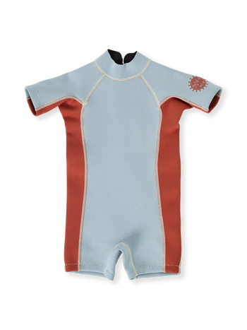 The Goldie + Ace Halo Wetsuit Short Sleeve in Sky Blue/Red pictured on a transparent background. The material is . It is a swimwear made for babies, toddlers and kids.