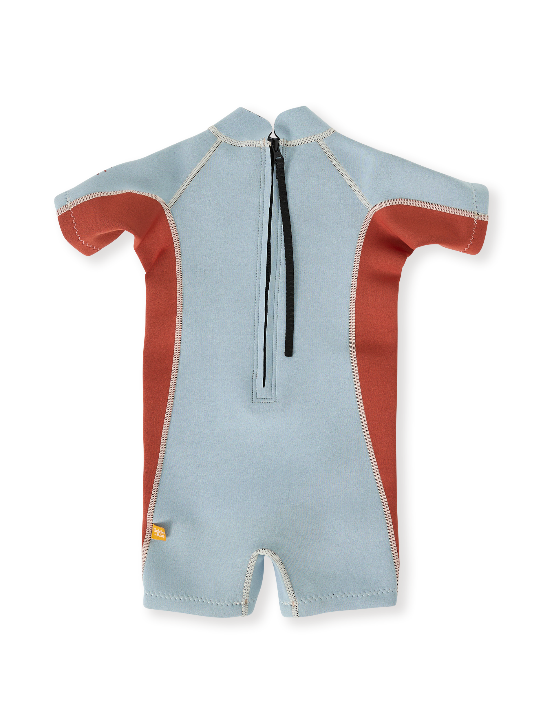 The Goldie + Ace Halo Wetsuit Short Sleeve in Sky Blue/Red pictured on a transparent background. The material is . It is a swimwear made for babies, toddlers and kids.