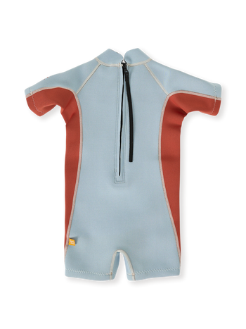 The Goldie + Ace Halo Wetsuit Short Sleeve in Sky Blue/Red pictured on a transparent background. The material is . It is a swimwear made for babies, toddlers and kids.