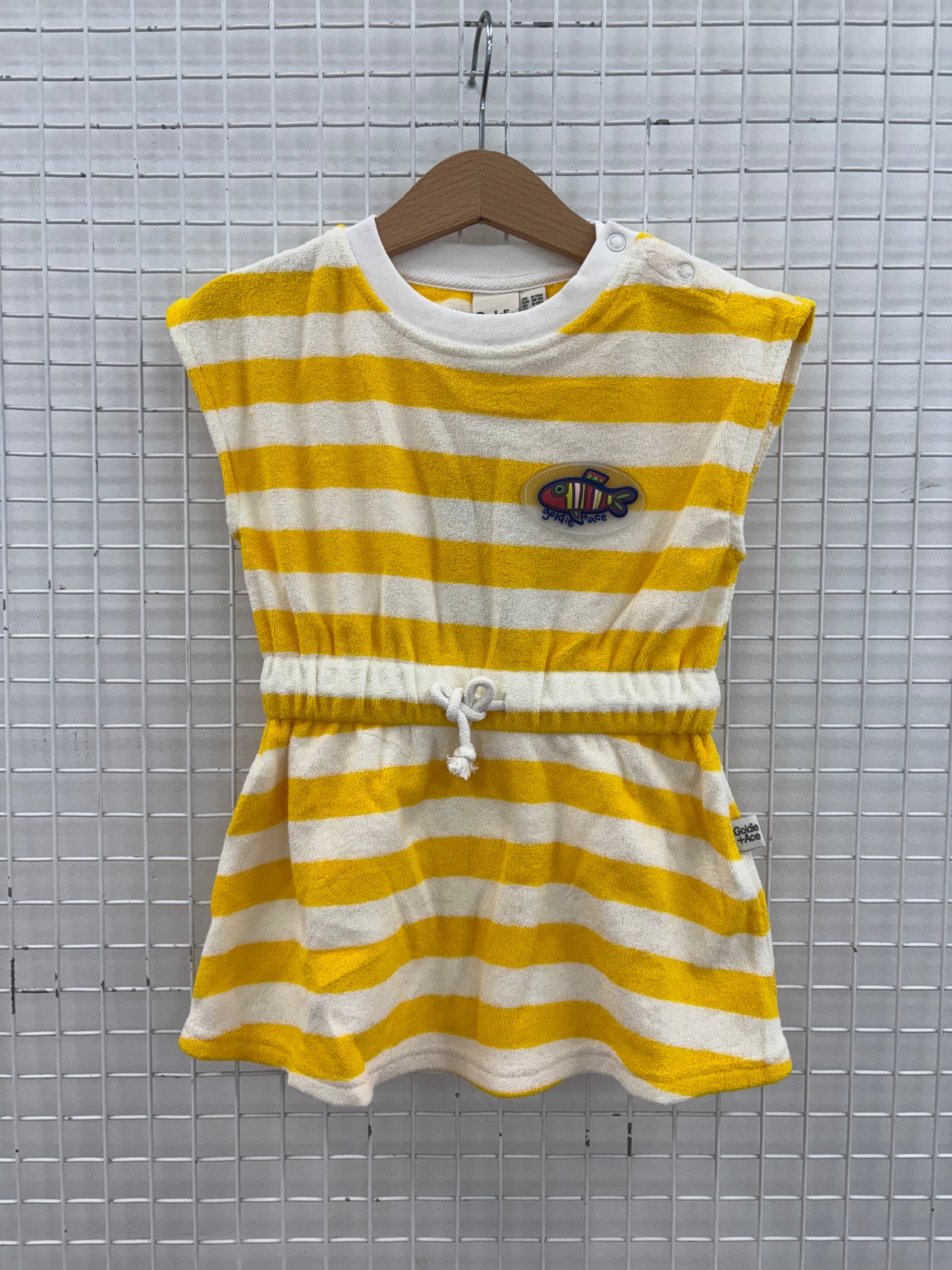 FISHY TERRY TOWELLING DRESS LEMON STRIPE - 6-12M