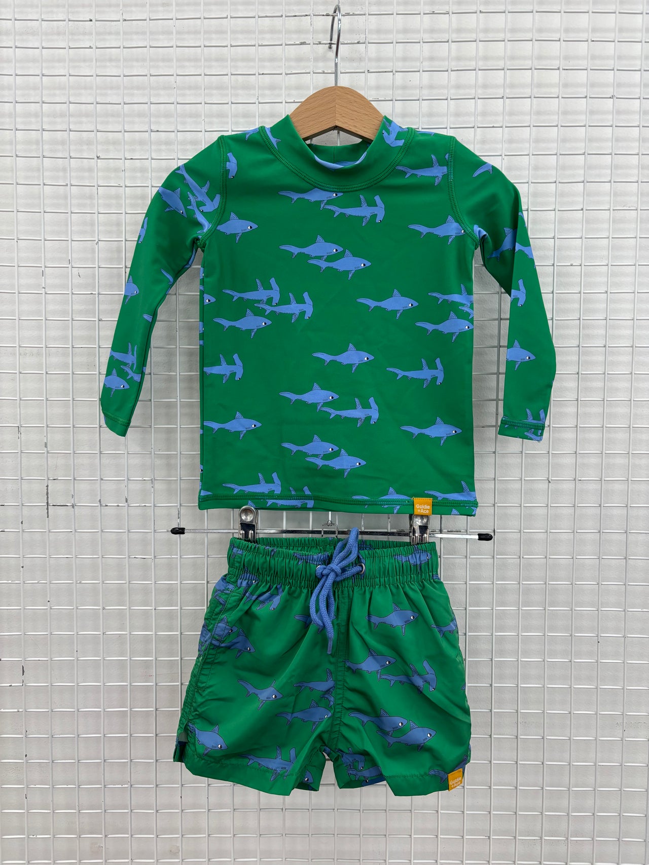 BOARD SHORT + RASH VEST SET SHARKS GREEN - 3-6M