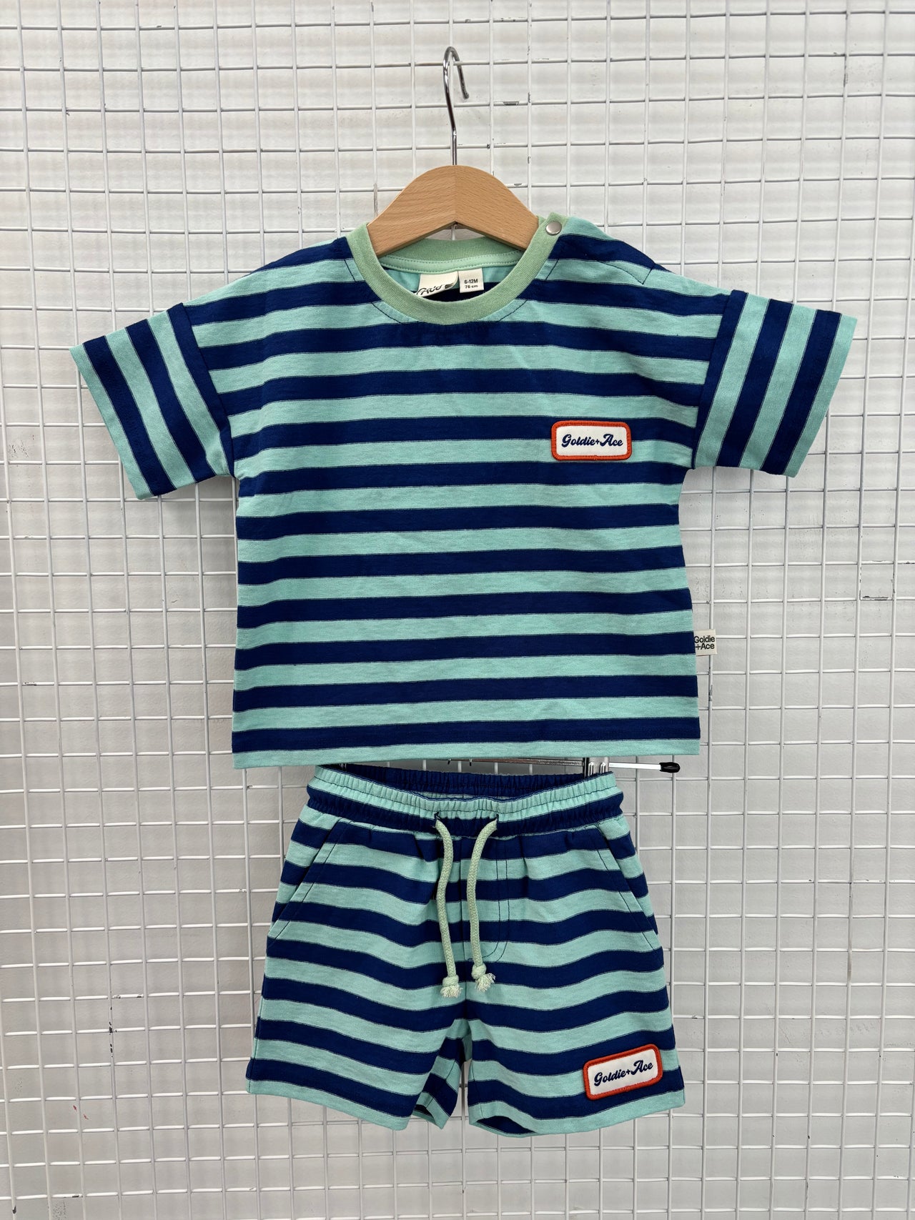 BLUE/GREEN STRIPE T-SHIRT/SHORT SET - 6-12M