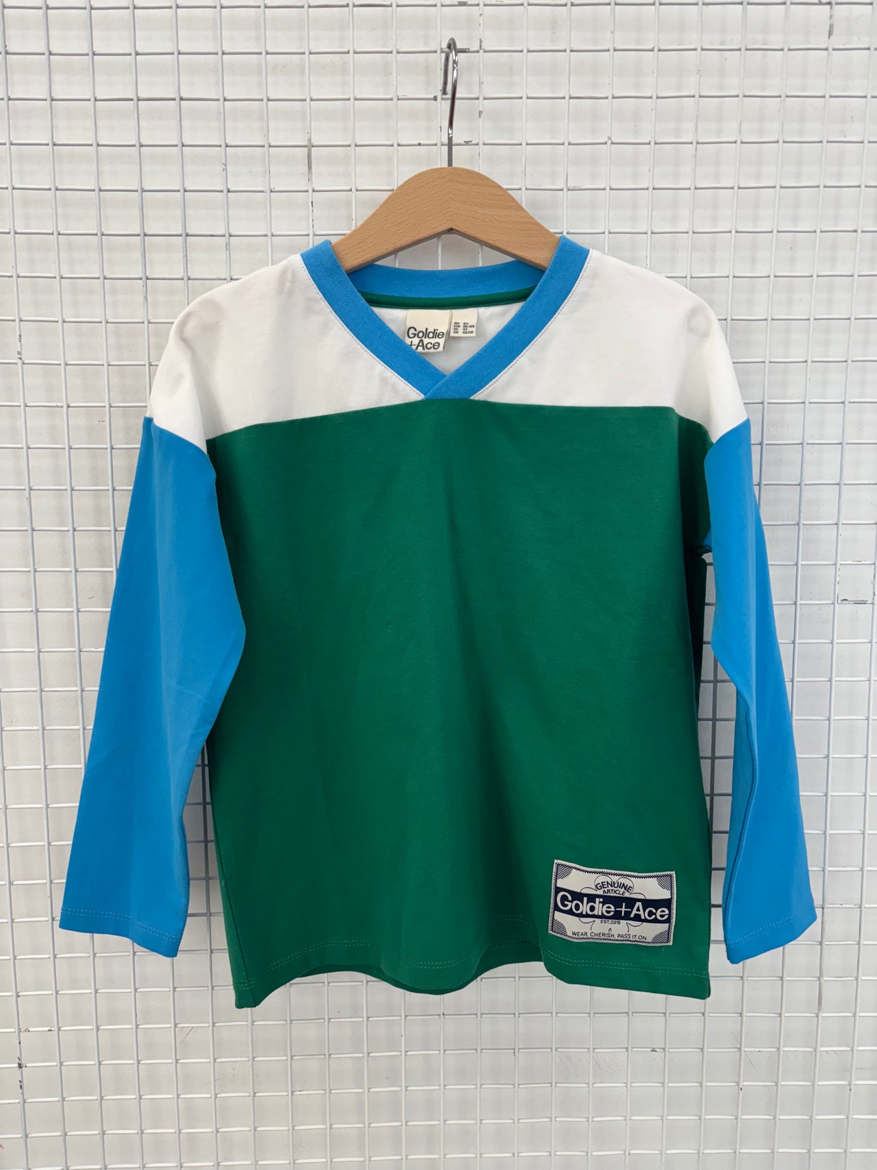 V NECK LONG SLEEVE TOP GREEN/BLUE - 4Y