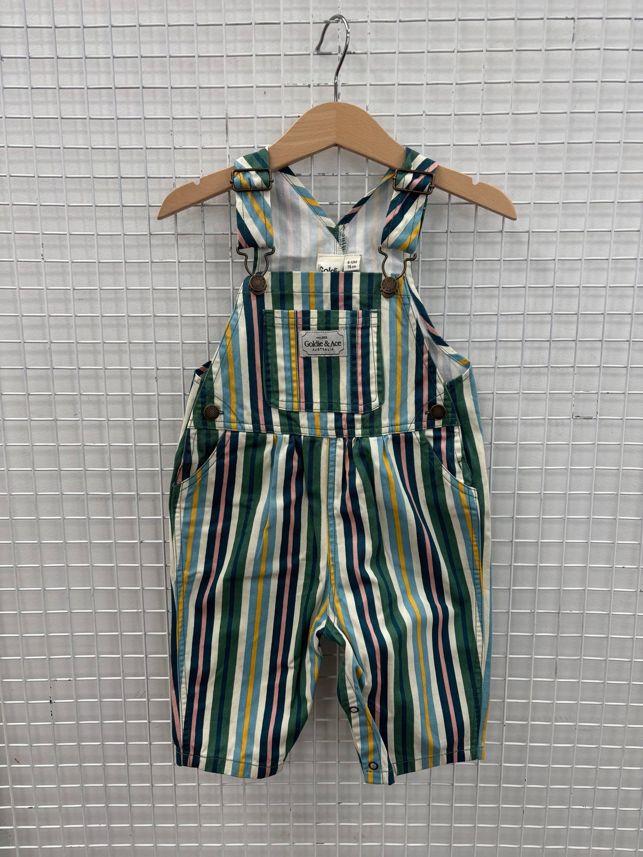 AUSTIN DENIM OVERALLS EVERGREEN STRIPE - 6-12M (SPOTS ON BACK)
