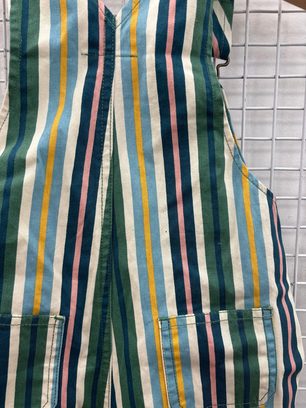 AUSTIN DENIM OVERALLS EVERGREEN STRIPE - 6-12M (SPOTS ON BACK)