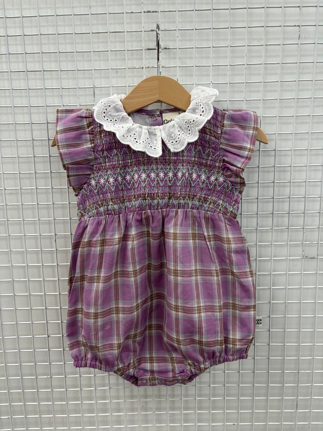 LANI SMOCKED ROMPER MAUVE CHECK - 6-12M (WHITE MARK ON FRONT)