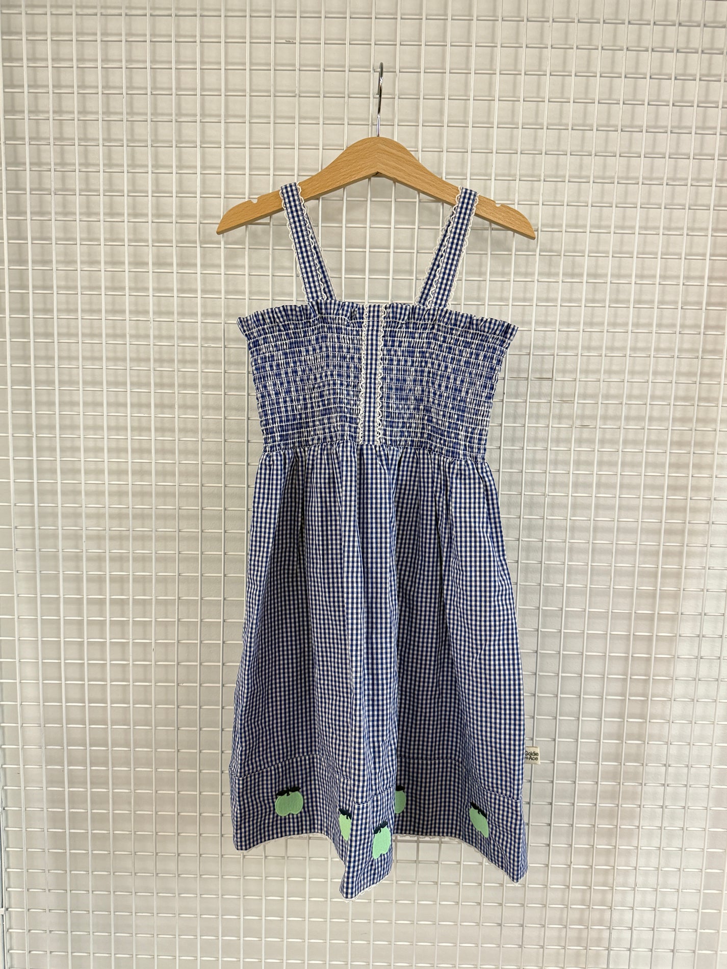 BLUE GINGHAM APPLE DRESS - 7Y (FRONT BUTTONS REMOVED)
