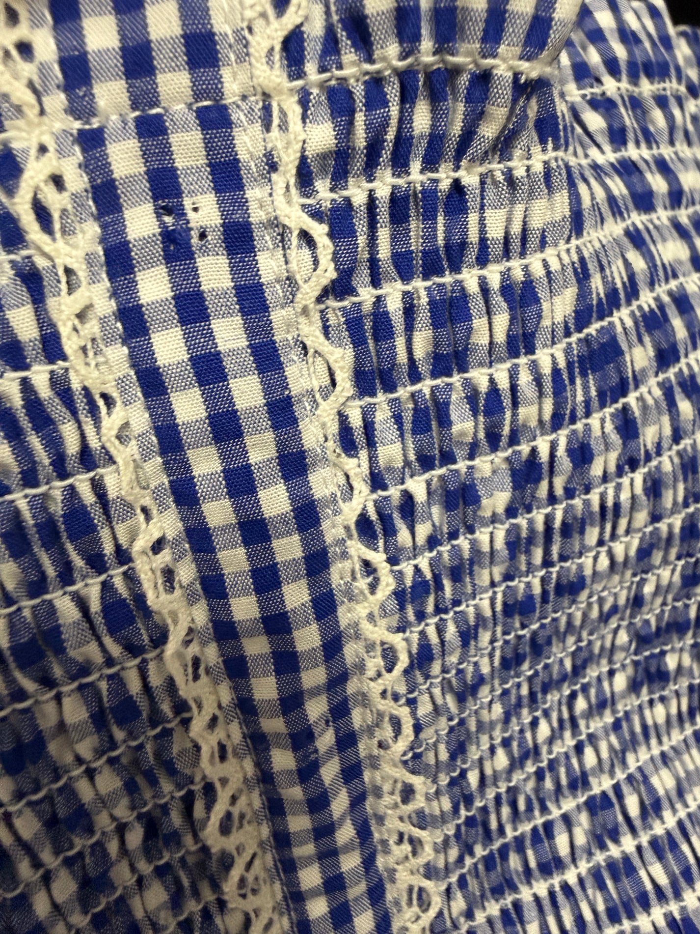 BLUE GINGHAM APPLE DRESS - 7Y (FRONT BUTTONS REMOVED)