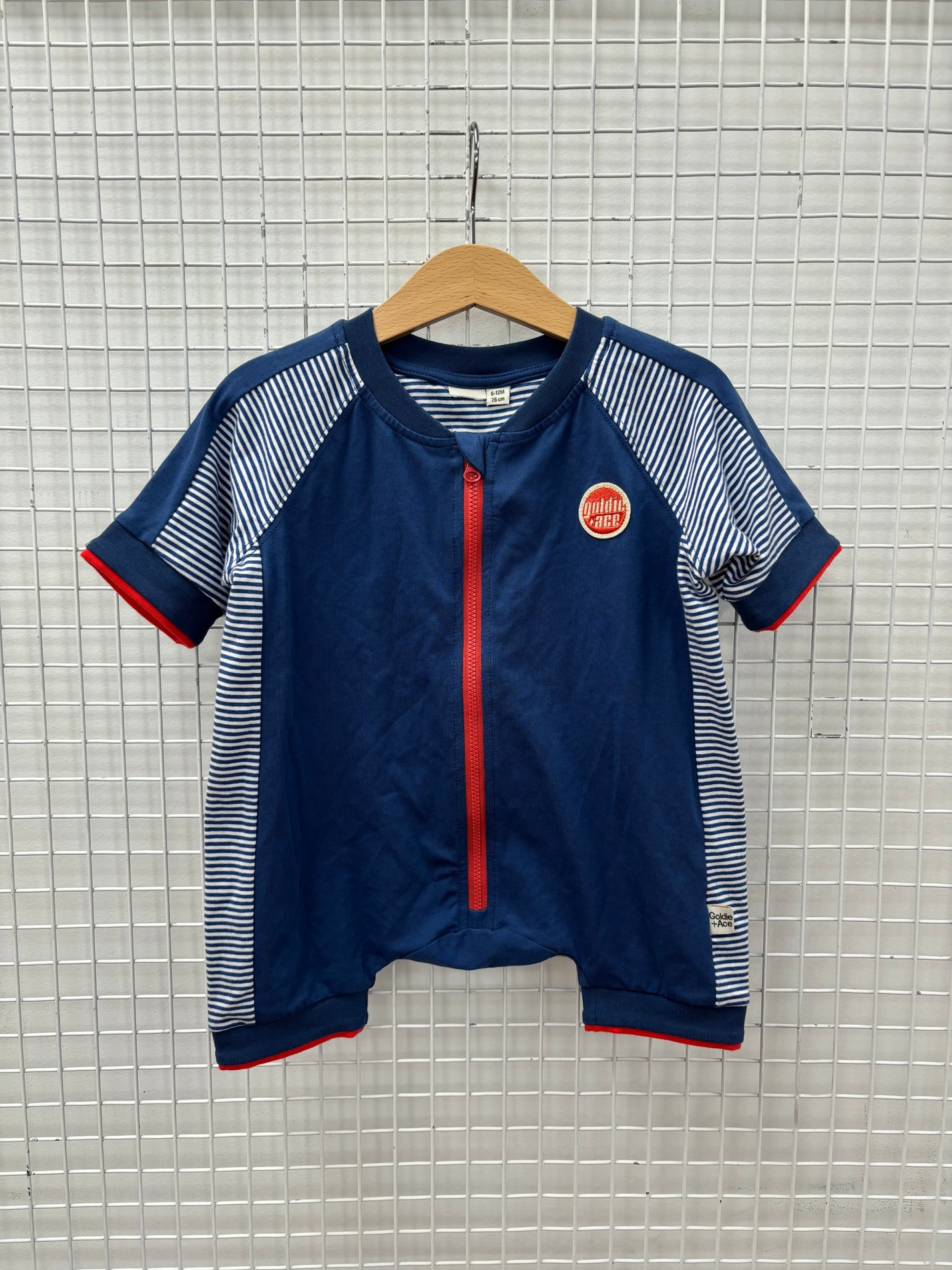 NAVY ROMPER W RED STITCHING 6-12M (OVERSIZED FIT)