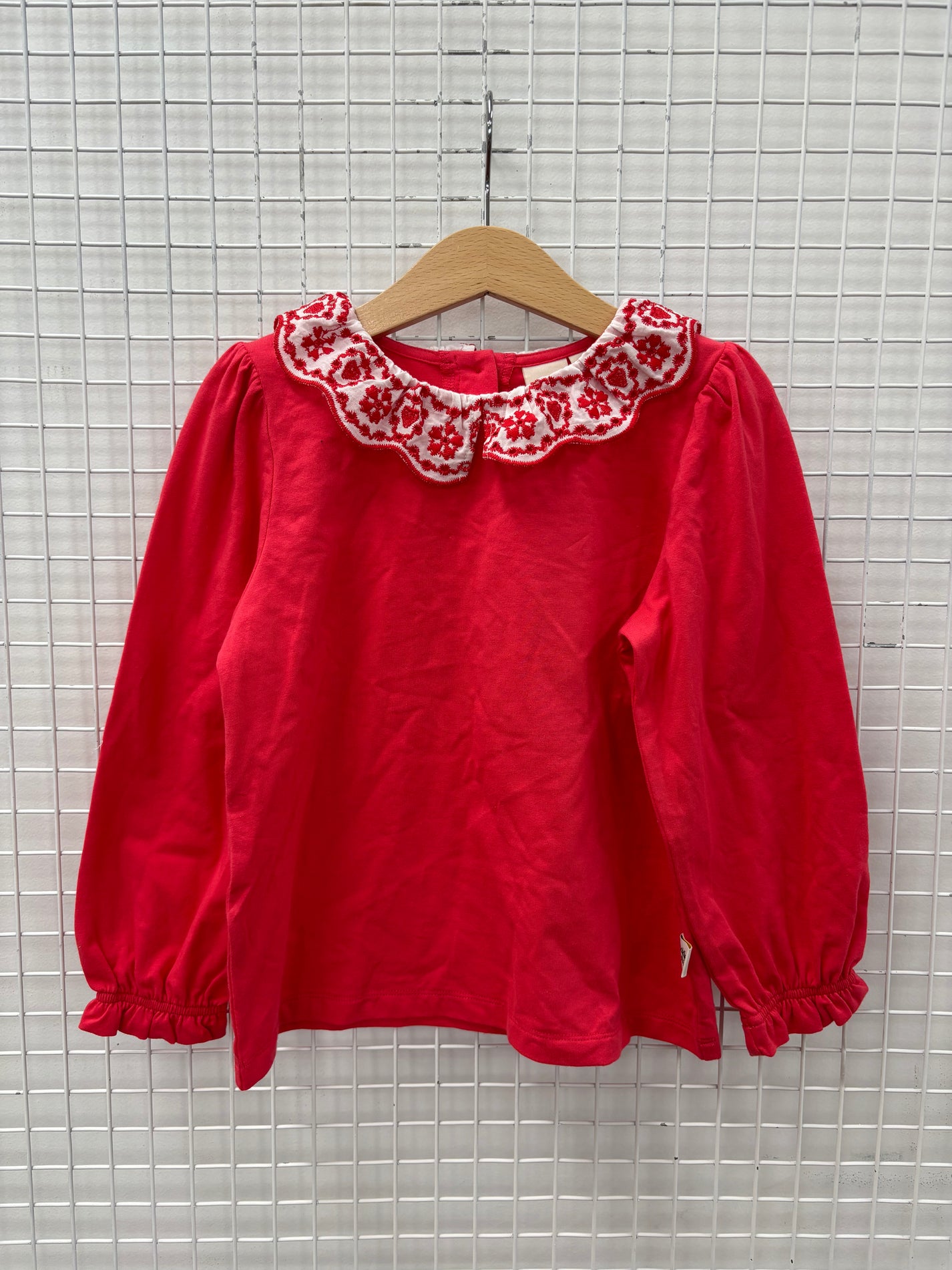 BRODERIE COLLAR TOP RED - 4Y