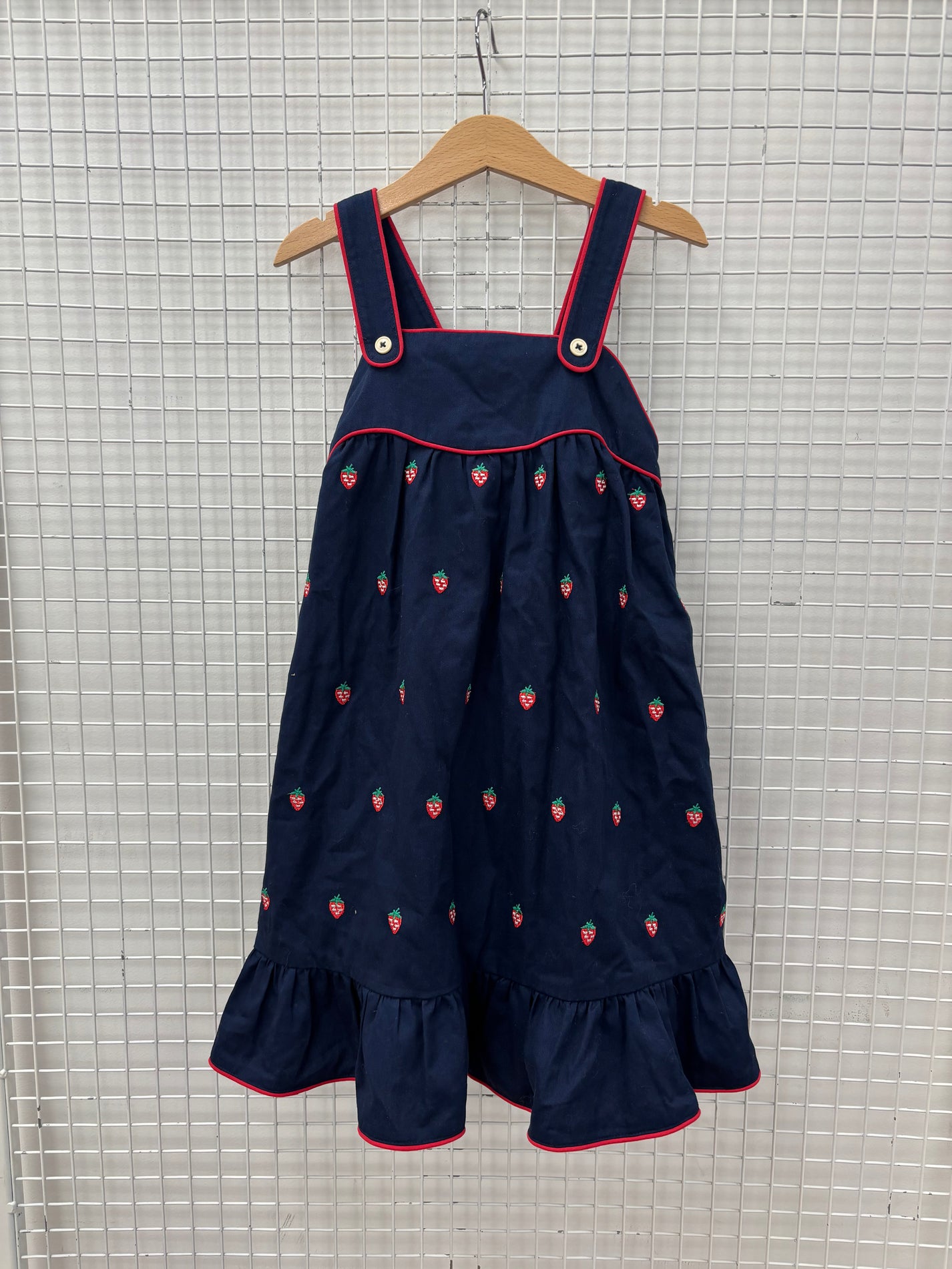 NAVY STRAWBERRY BUTTON DRESS - 7Y