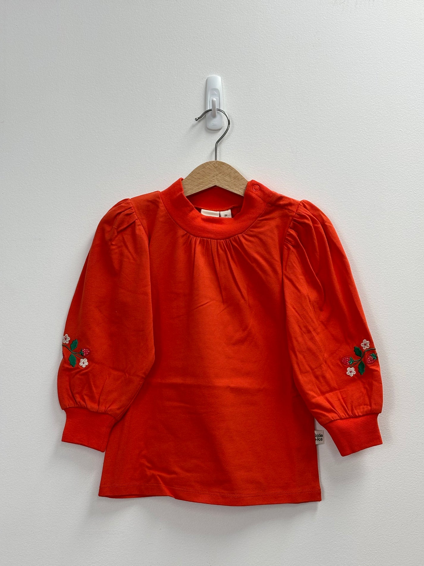 MOCK NECK EMBROIDERED PUFF SLEEVE SKIVVY STRAWBERRY