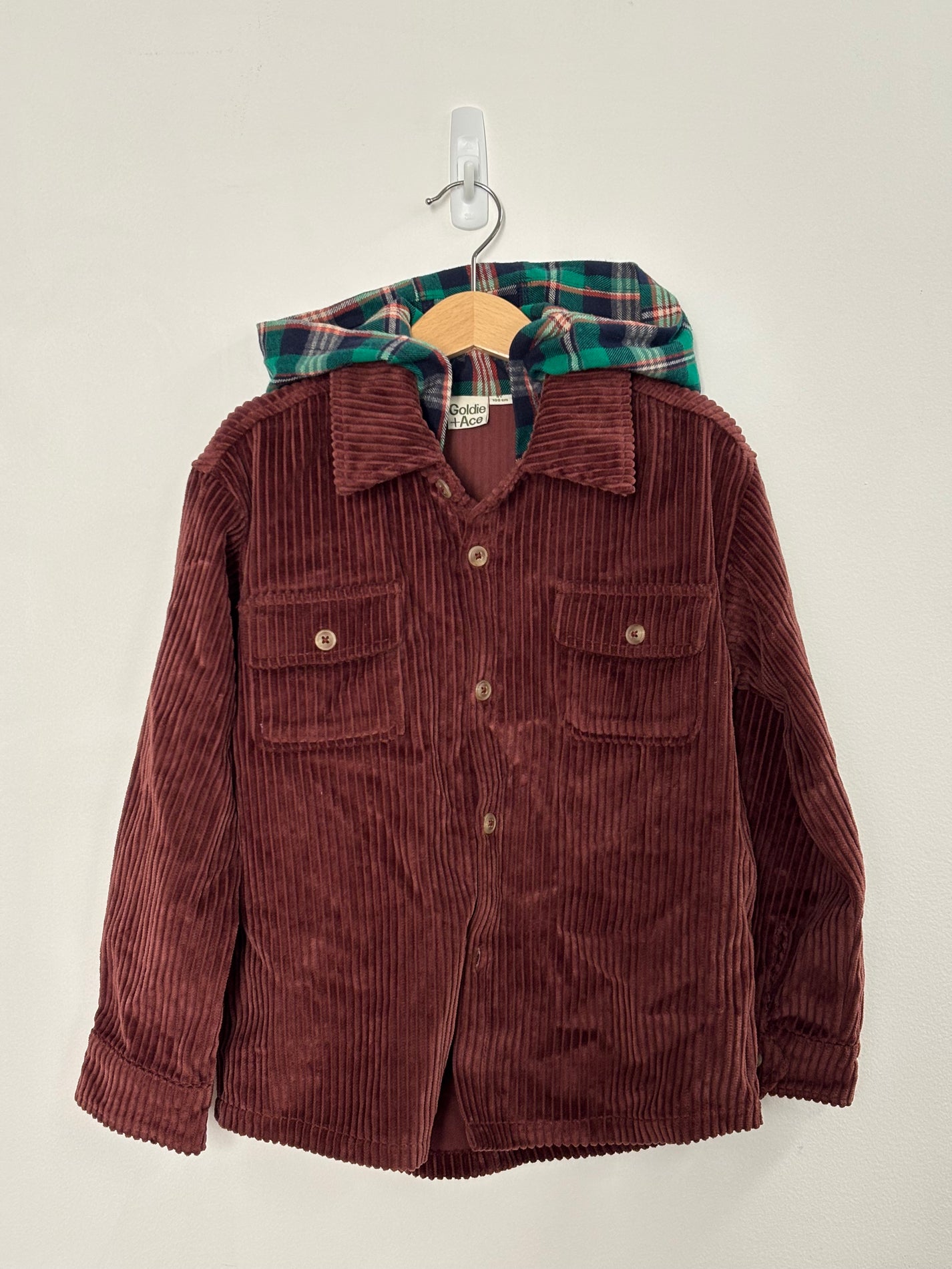 CORDUROY SHIRT WITH GINGHAM HOOD - 4Y