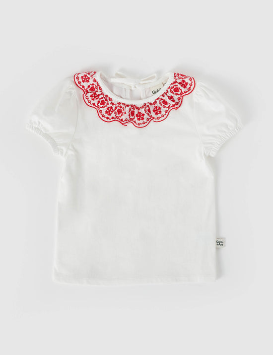 Greta Embroidered Collar Top White/Red