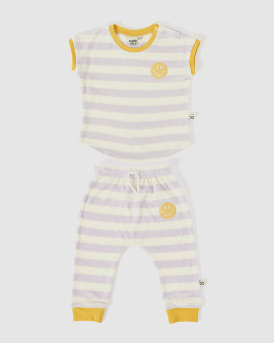 Smiley Terry Towelling Baby Stripe Lounge Set Lavender