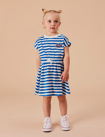 Little Fishy Terry Towelling Tie Dress Azure Stripe