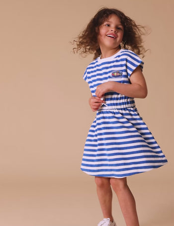 Little Fishy Terry Towelling Tie Dress Azure Stripe